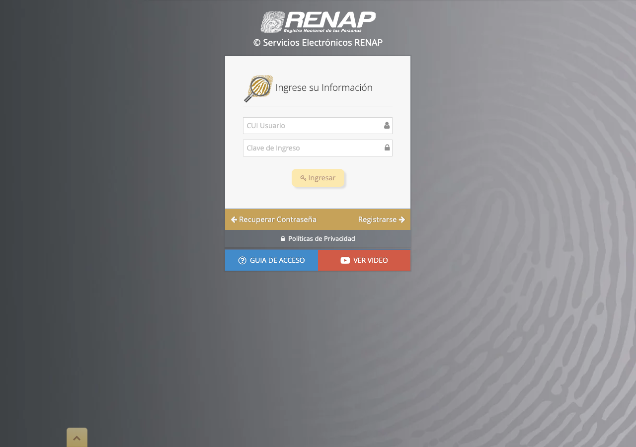 Pantalla real de acceso de RENAP con campos vacíos y enlaces de registro y recuperación.